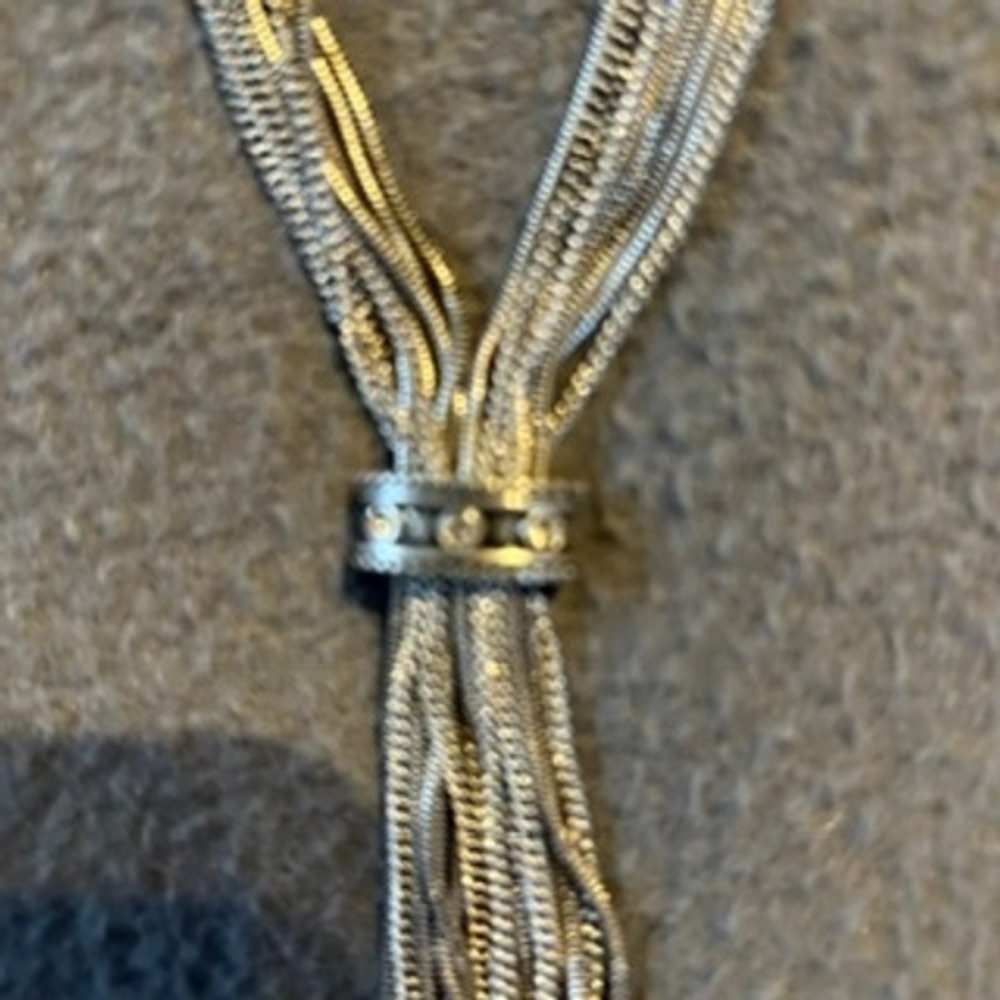 Chicos Multi Strand Necklace Liquid Silver Tone Layered Y-Drop Rhinestone